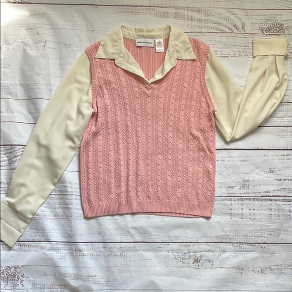 Alfred Dunner Sweaters - Alfred Dunner Women Pink and Cream Long Sleeve Layered Sweater Vest with Blouse